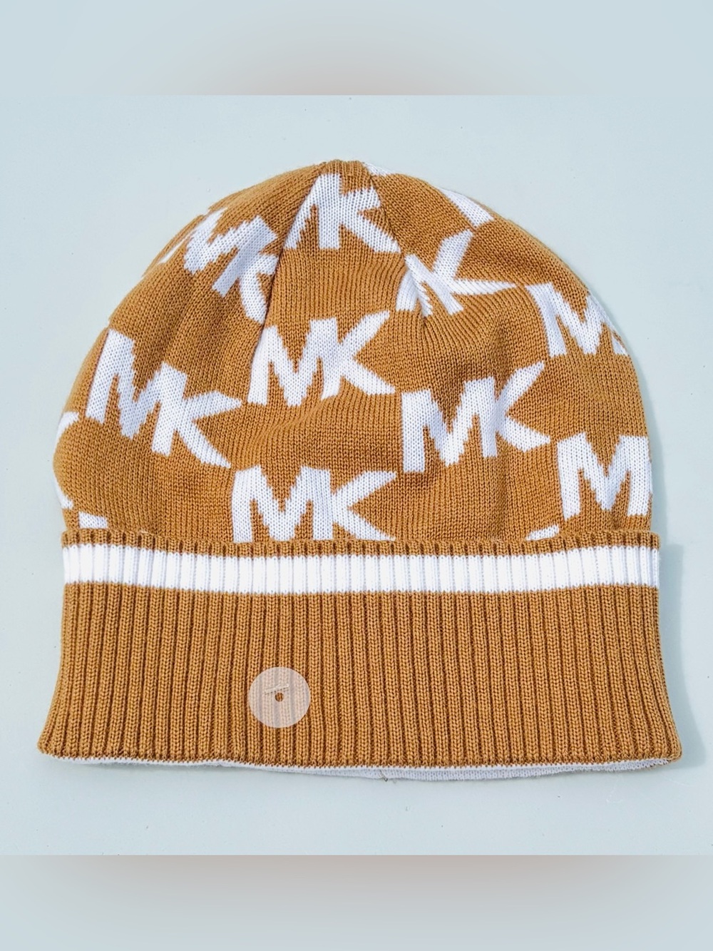 Michael Kors MK Logo Beanie Hat Camel White Knit Winter Designer Monogram Preppy